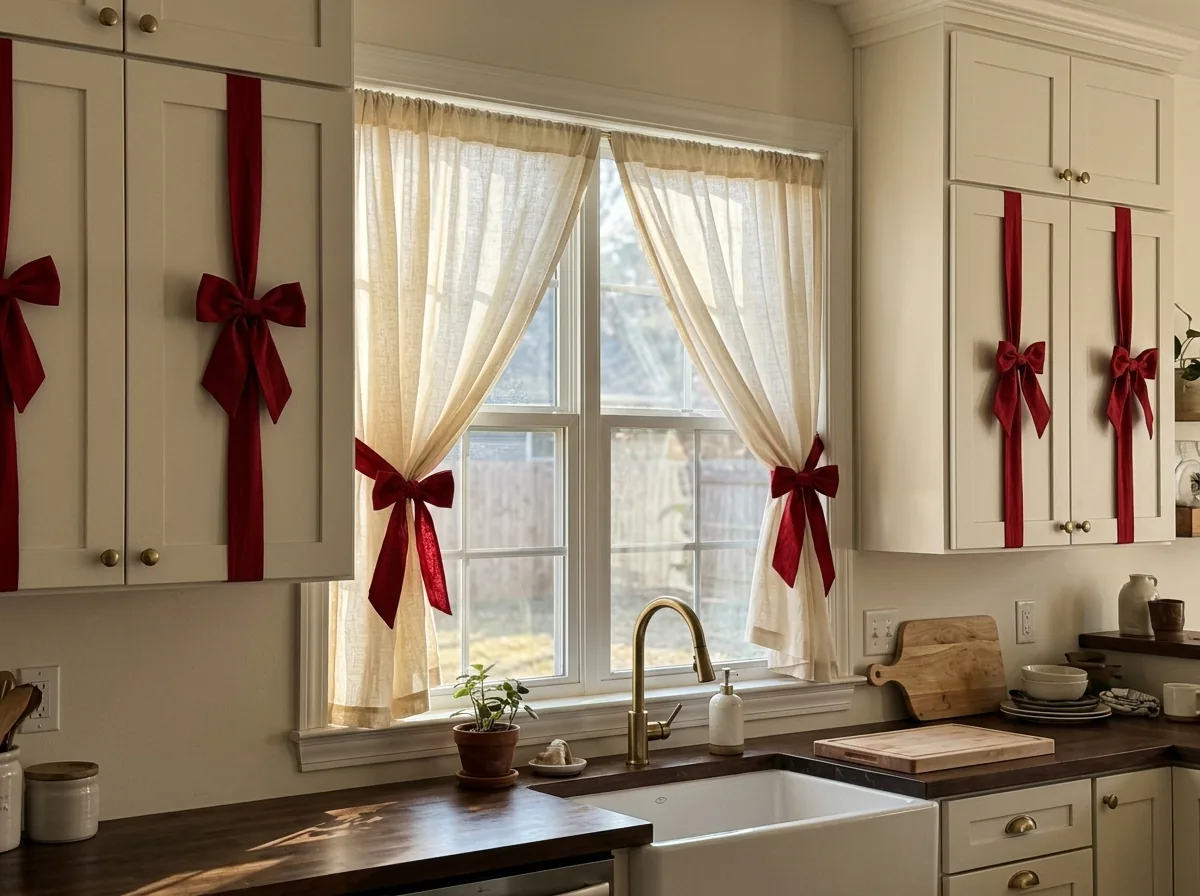 Cabinet doors and curtain tiebacks dressed with red bows