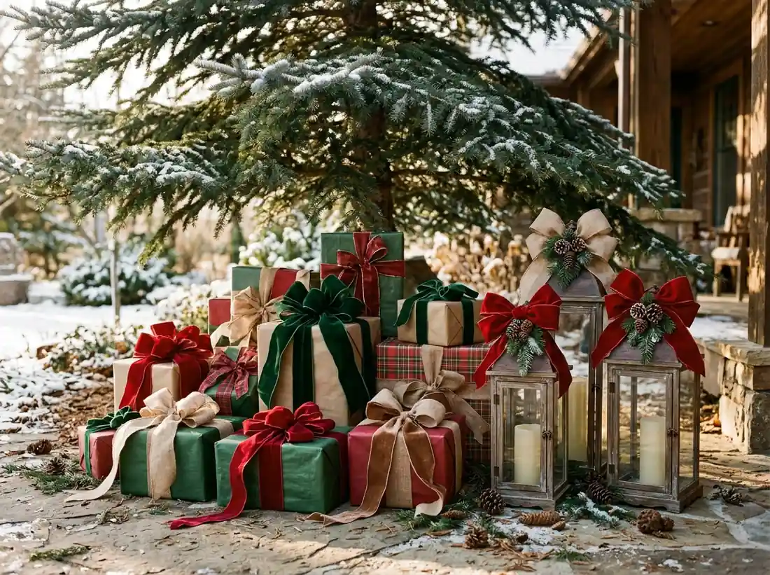 Oversized bows on wrapped gifts and glowing lanterns