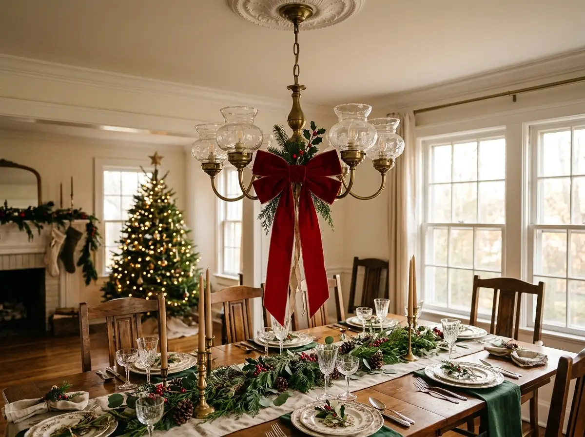 Chandelier with a single Christmas bow above the table