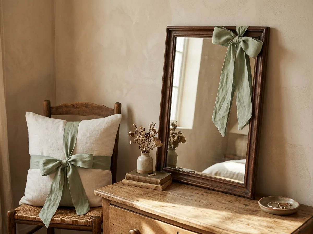 Mirror corner bow and a pillow tied with a ribbon bow