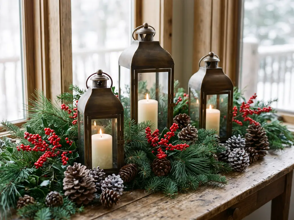 Bronze lanterns with pillar candles, berries and pinecones