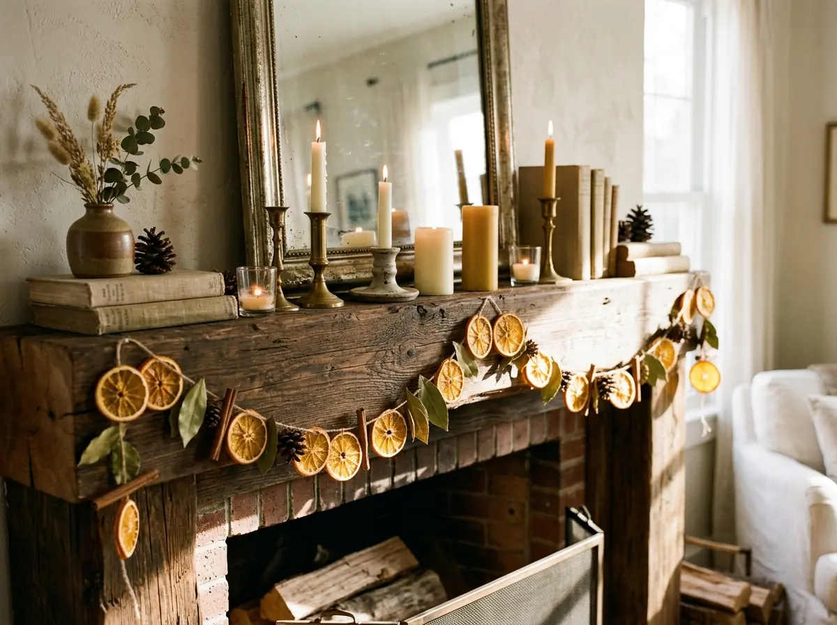 Mantel with dried orange garland and candles