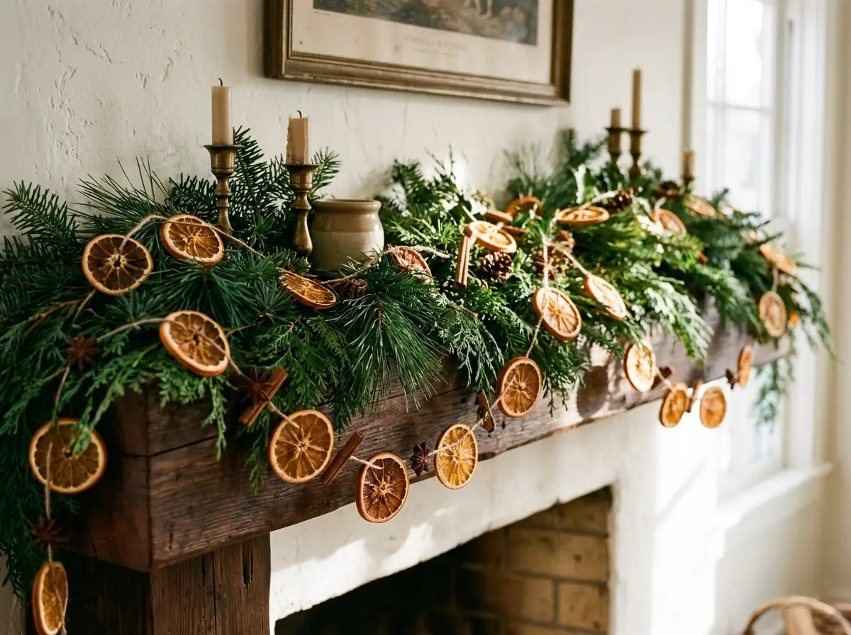 Dried orange garland above a mantel