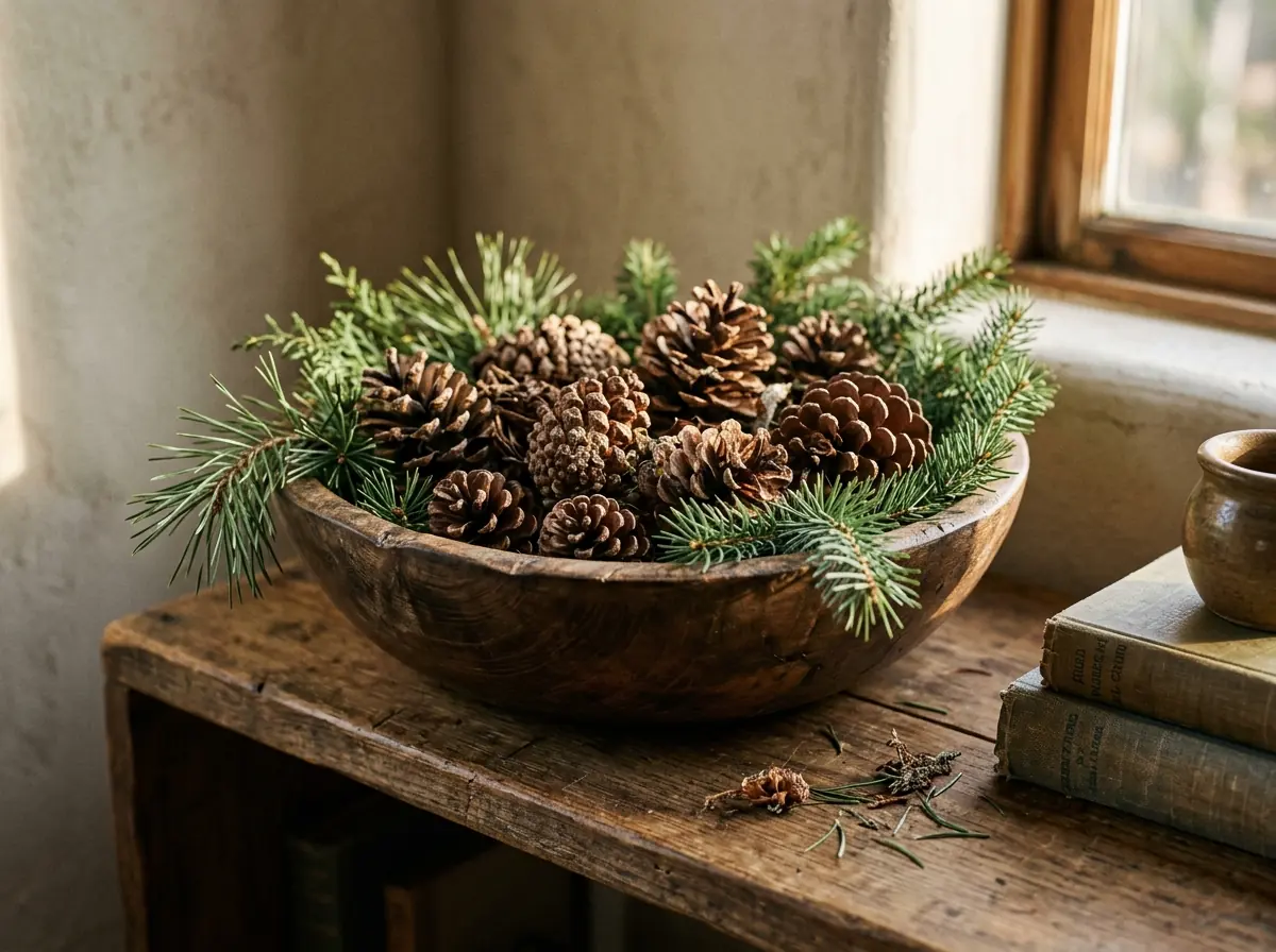 Bowl of pinecones with evergreen clippings