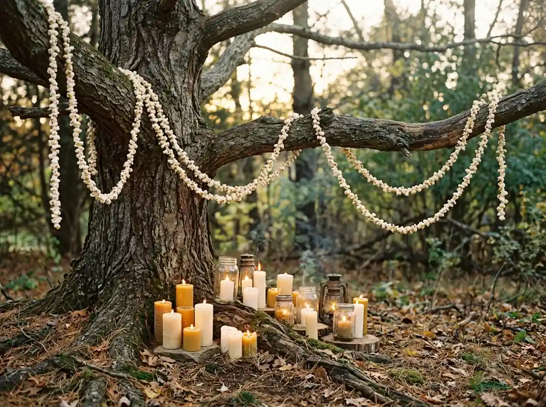 Tree with popcorn garland beside glowing candles