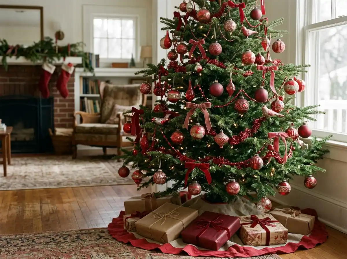 Tree in a red theme with thrifted ornaments
