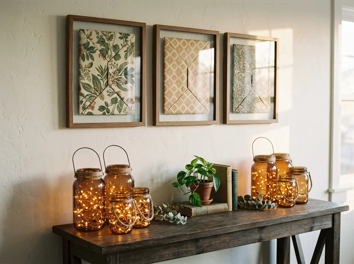 Framed wrapping paper art with mason jar lanterns