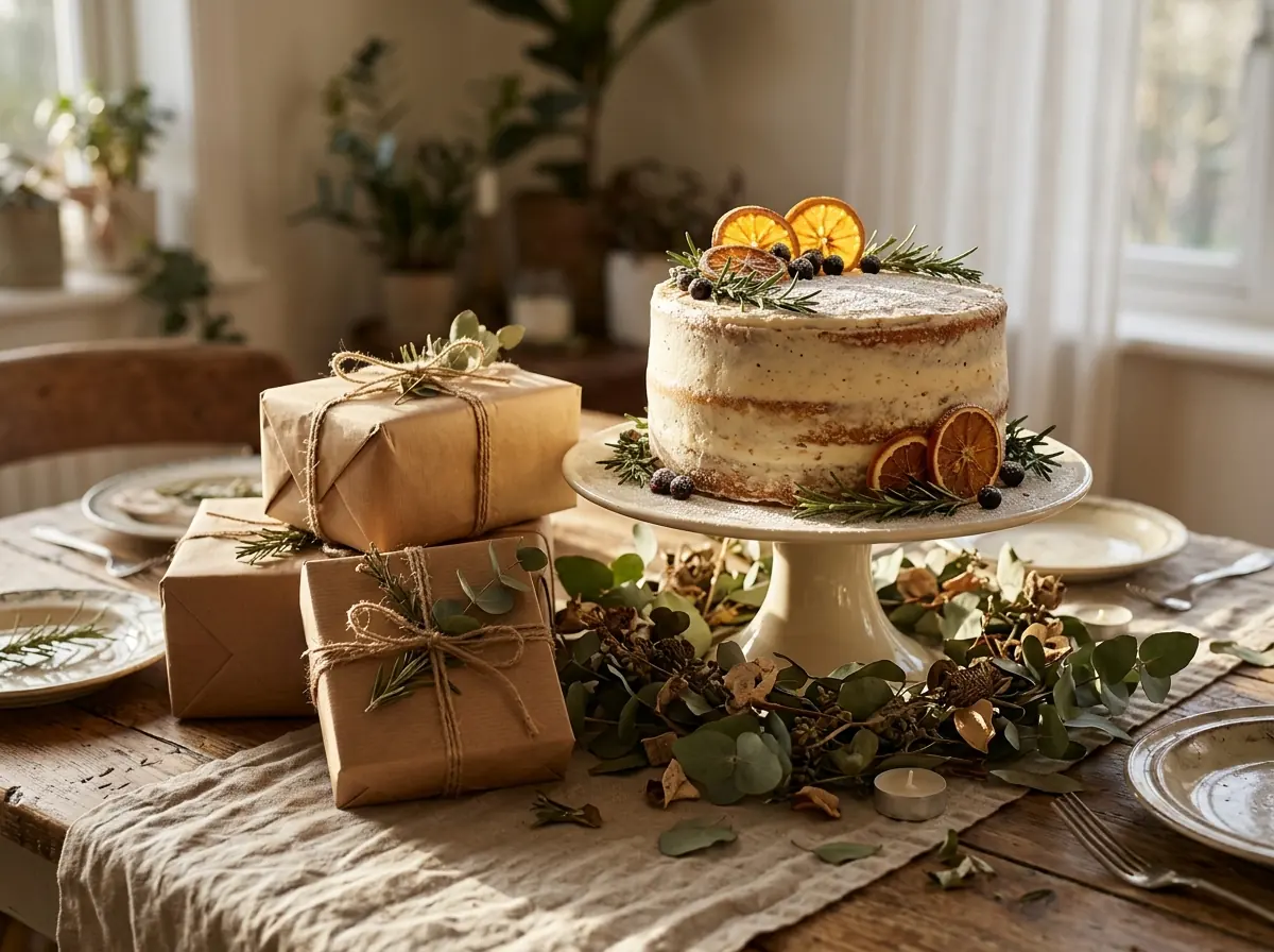 Cake stand centerpiece with brown-paper gifts