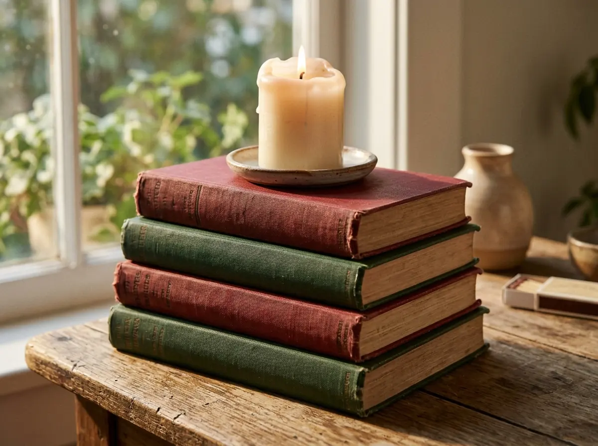 Stacked red and green books under a candle