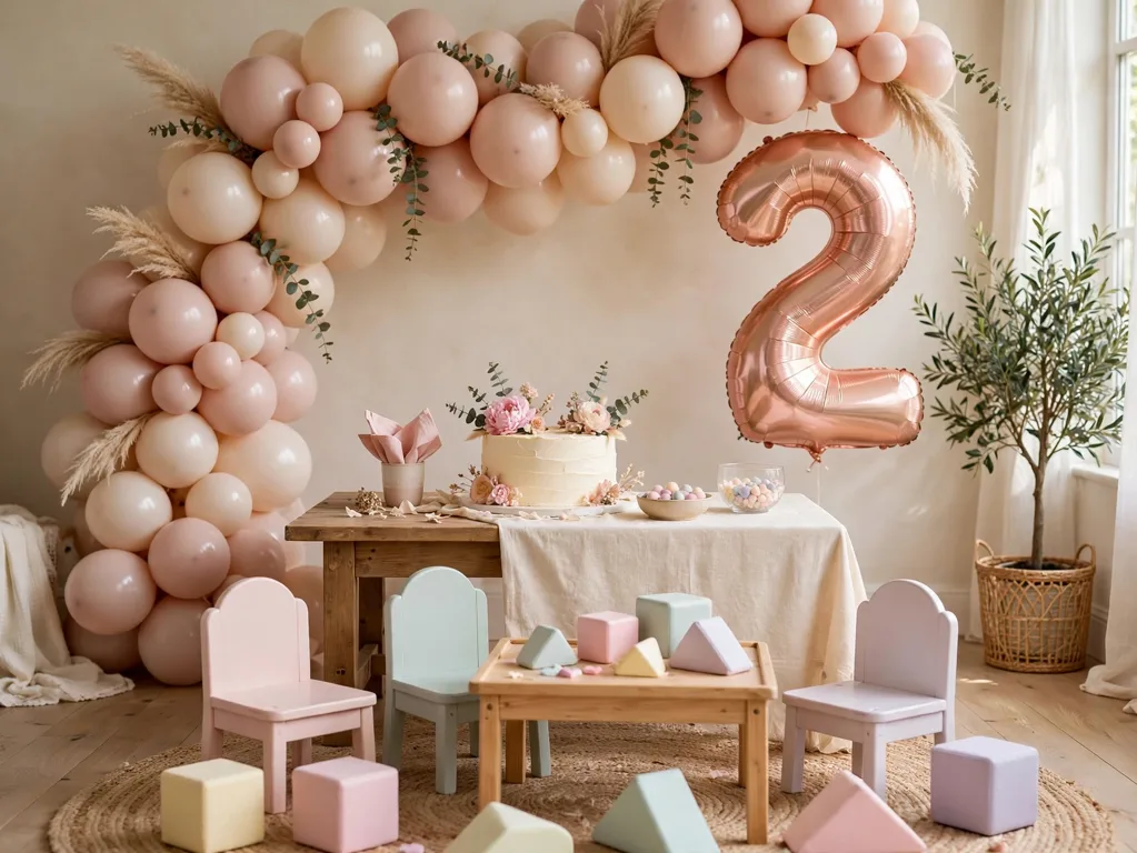 Girl's second birthday party setup with blush balloon arch
