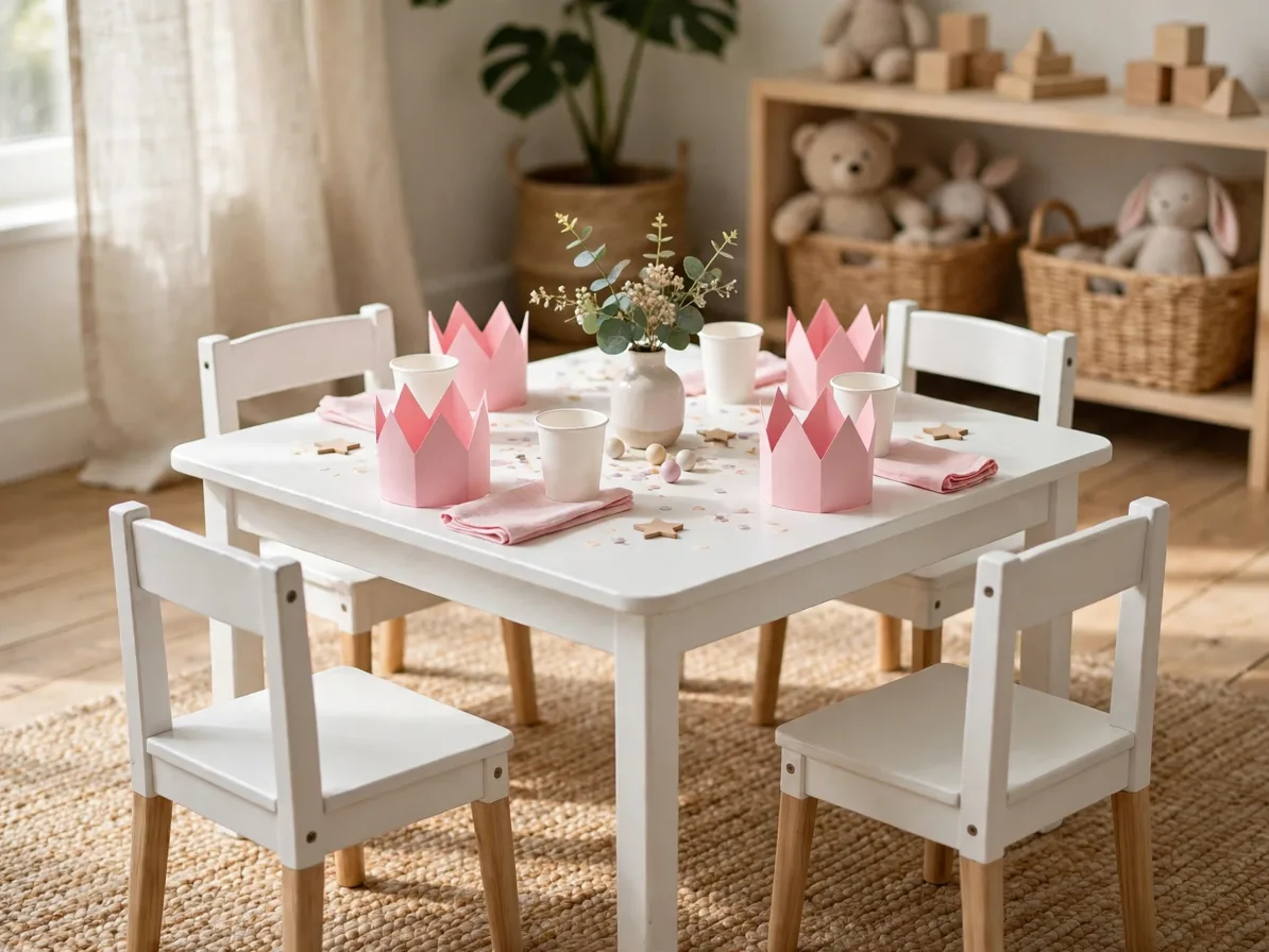 Low toddler table with mini chairs and paper crowns