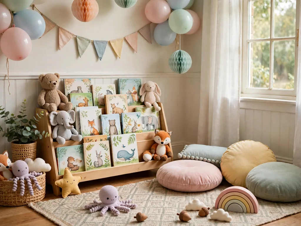 Storybook reading nook with floor cushions at a party