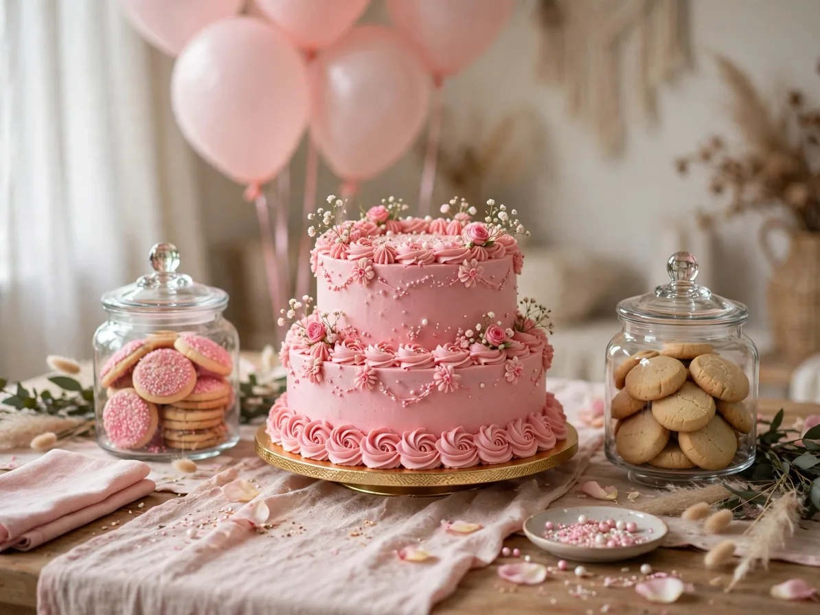 Two-tier pink cake table with cookie jars