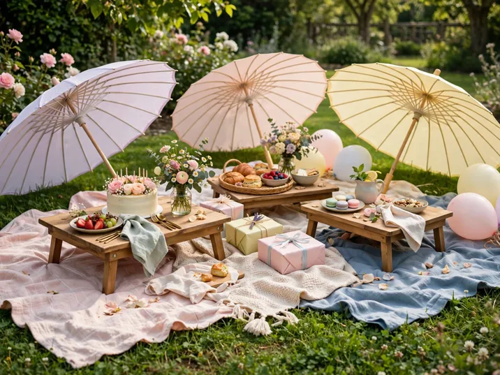 Garden picnic blanket seating with parasols