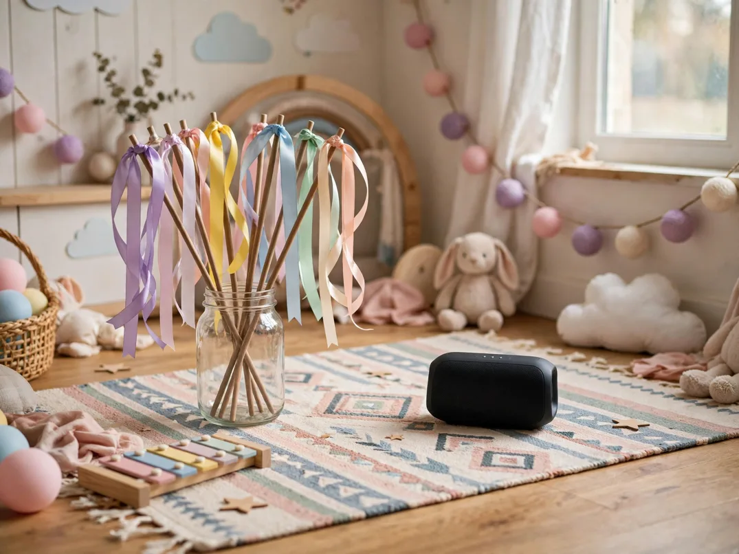 Ribbon wand dance corner at a toddler party