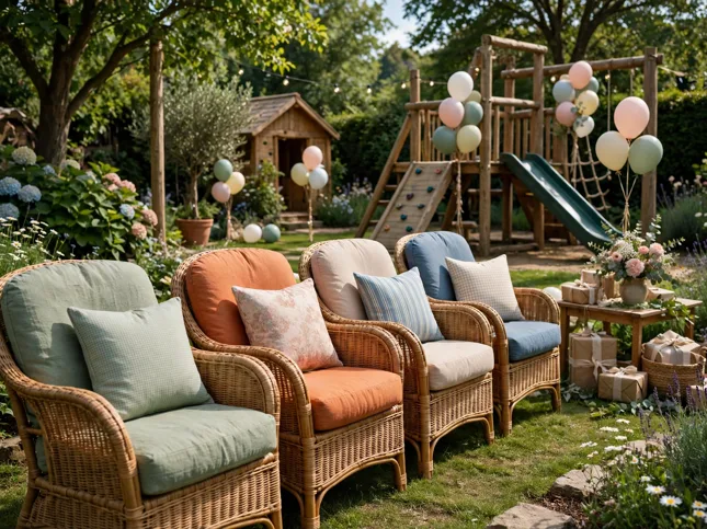 Grandparent seating row at a garden birthday party