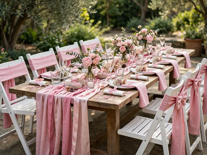 Party chairs with pink bow sashes and ribbon table styling