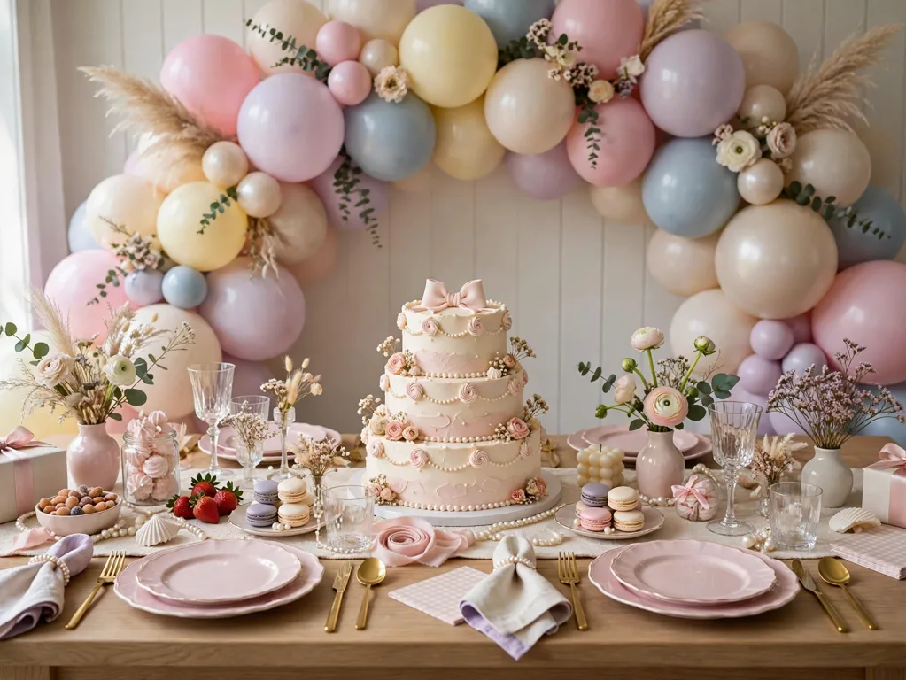 Girl's birthday theme party setup with balloon backdrop