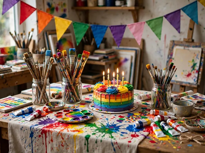 Rainbow art studio birthday theme table
