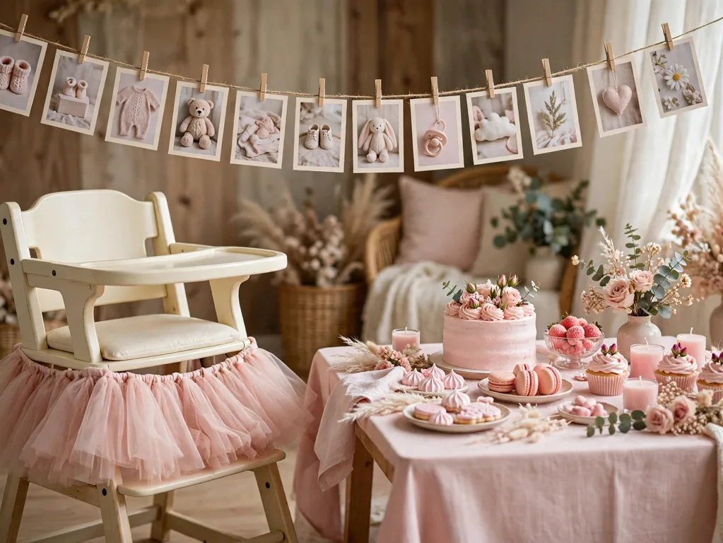 Girl's first birthday setup with highchair and photo banner