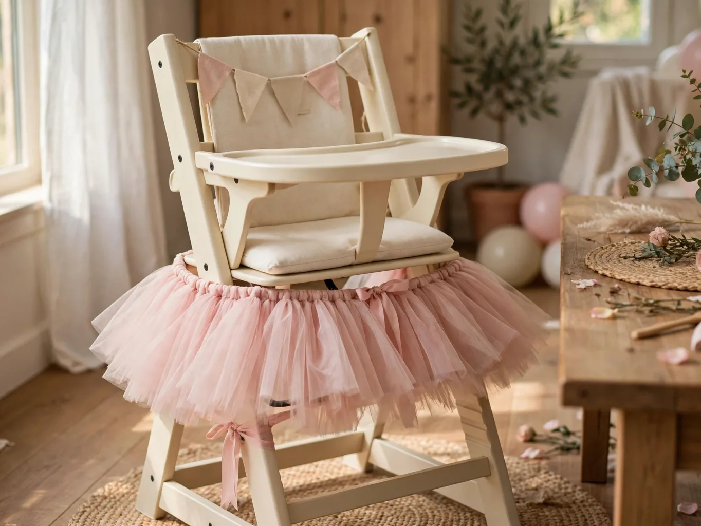 Highchair with tutu skirt and banner for a first birthday