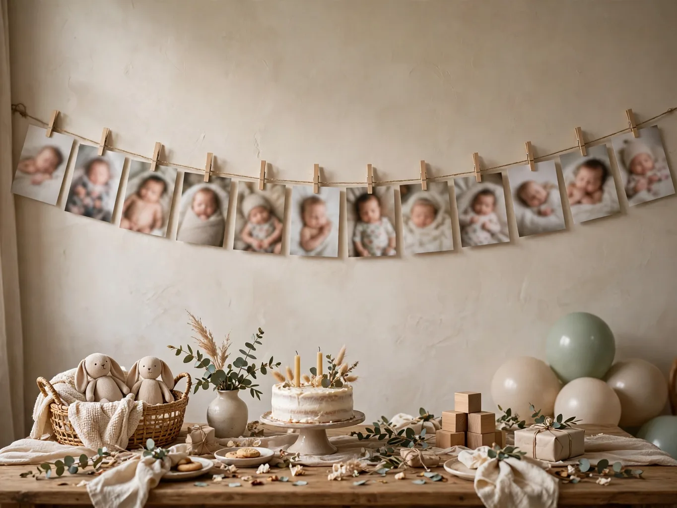 Twelve-month photo banner at a first birthday