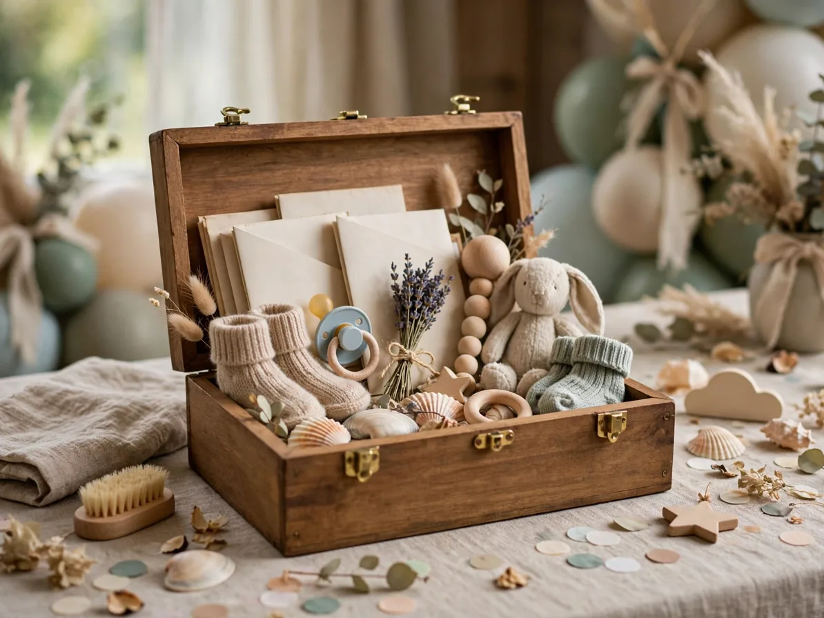 Time capsule box on a first birthday gift table