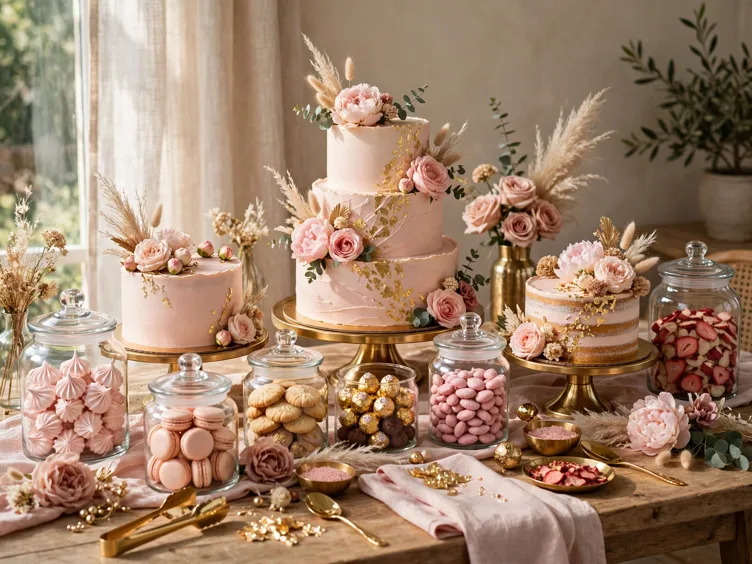 Blush and gold dessert table at a first birthday