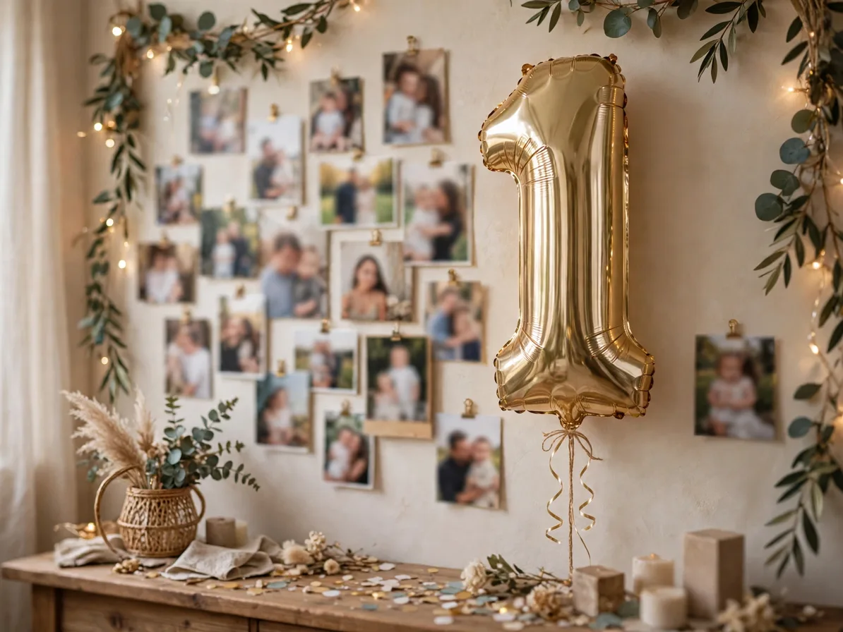 Photo wall with a number one balloon at a first birthday