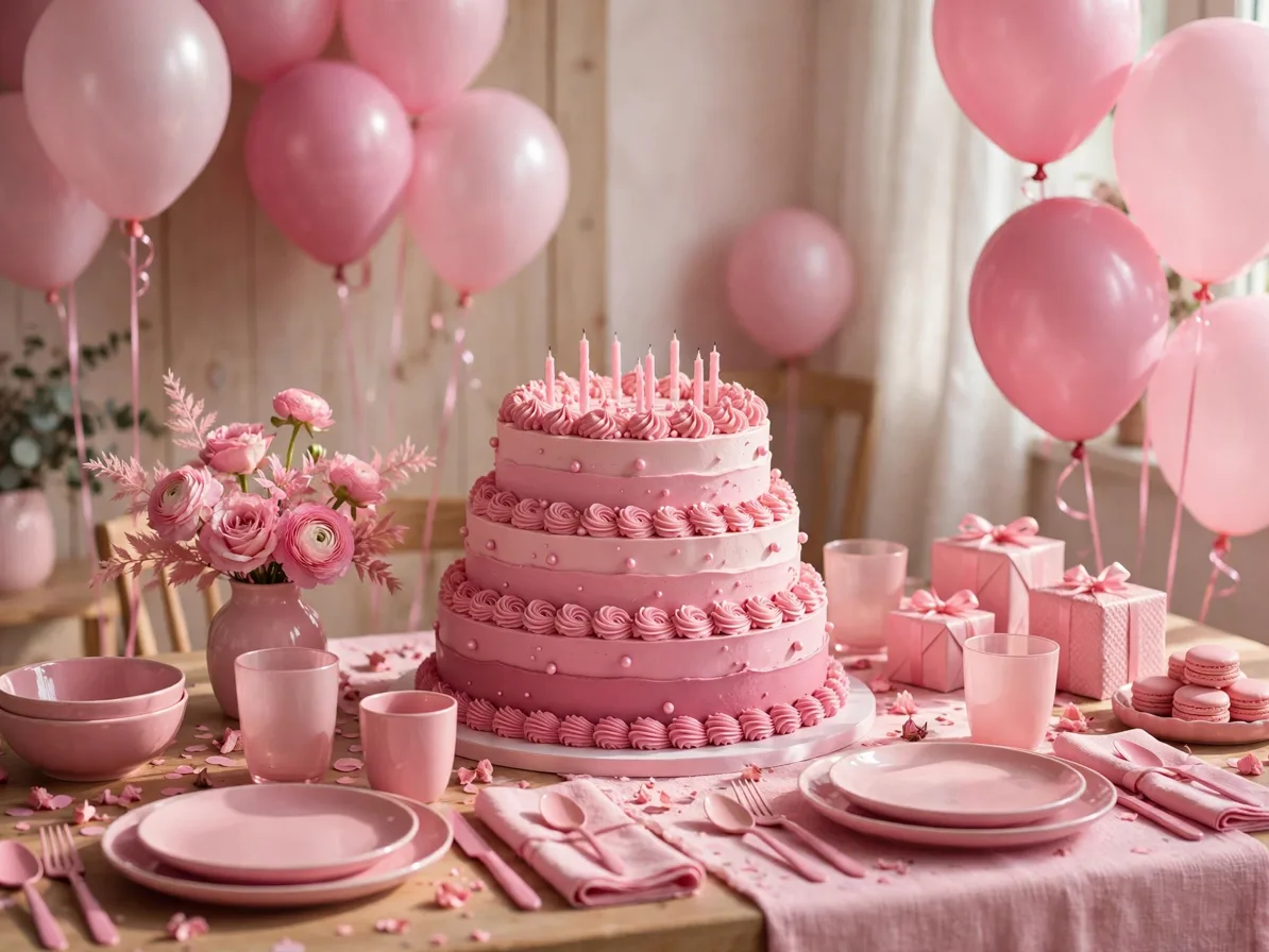 All-pink monochrome birthday party setup