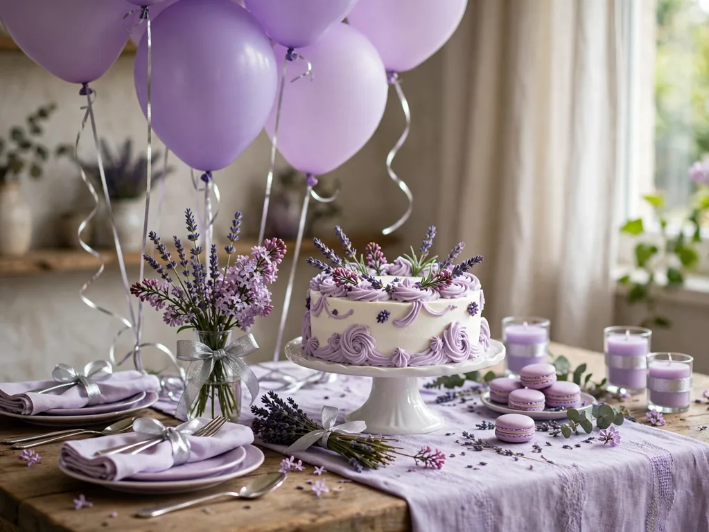 Lavender and lilac birthday table with silver accents