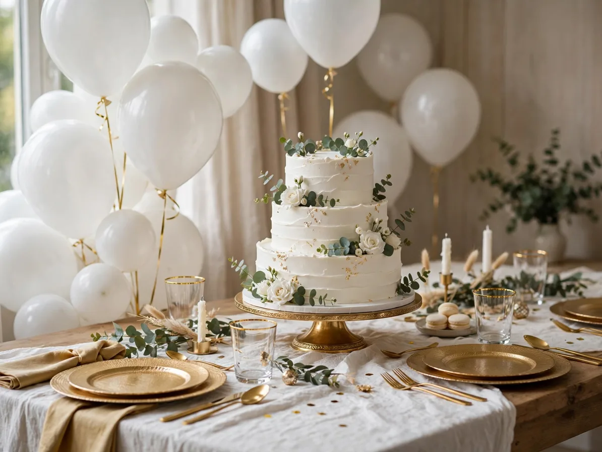 Gold and white glam birthday setup