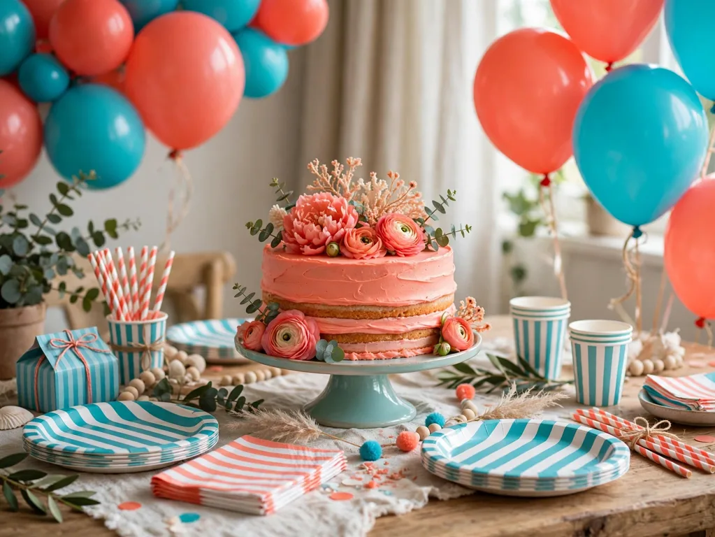Coral and turquoise birthday party setup
