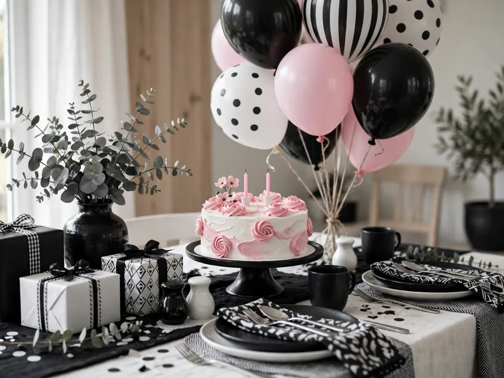 Black and white birthday setup with a pink accent