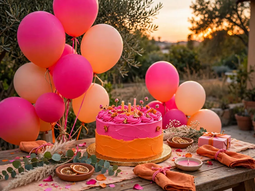 Hot pink and orange sunset birthday setup