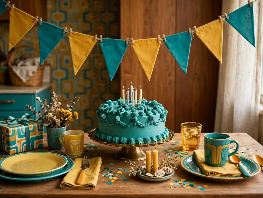 Teal and mustard retro birthday setup