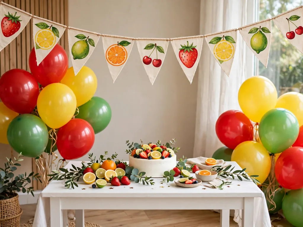 Second birthday theme setup with fruit banner and balloons