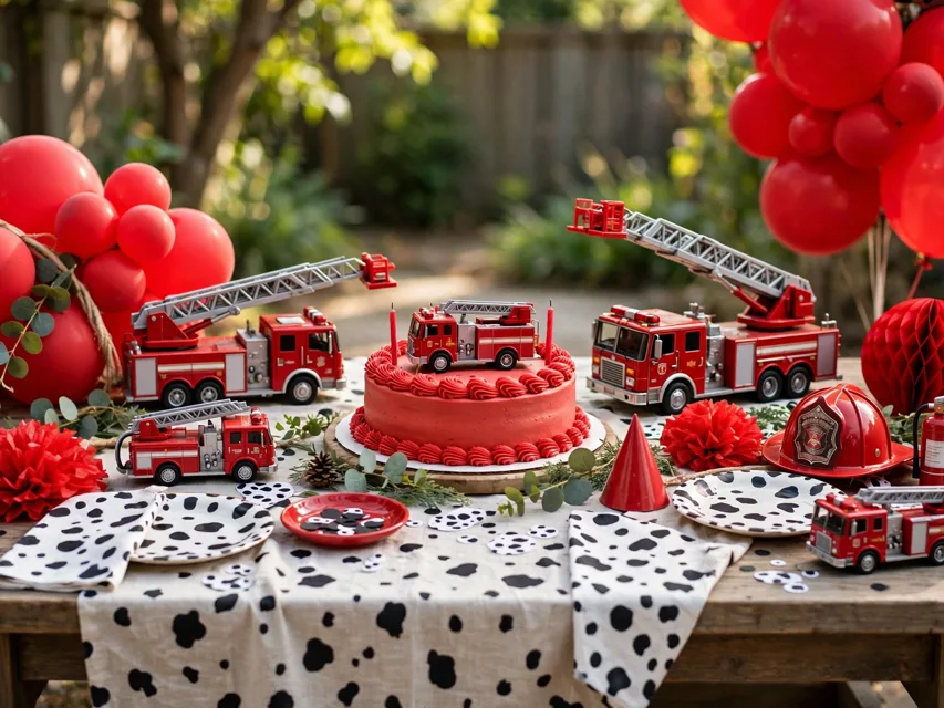 Two the Rescue fire truck birthday setup