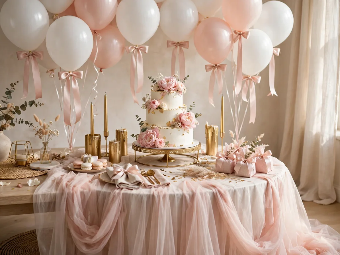 Chic girly birthday party setup with bow balloons