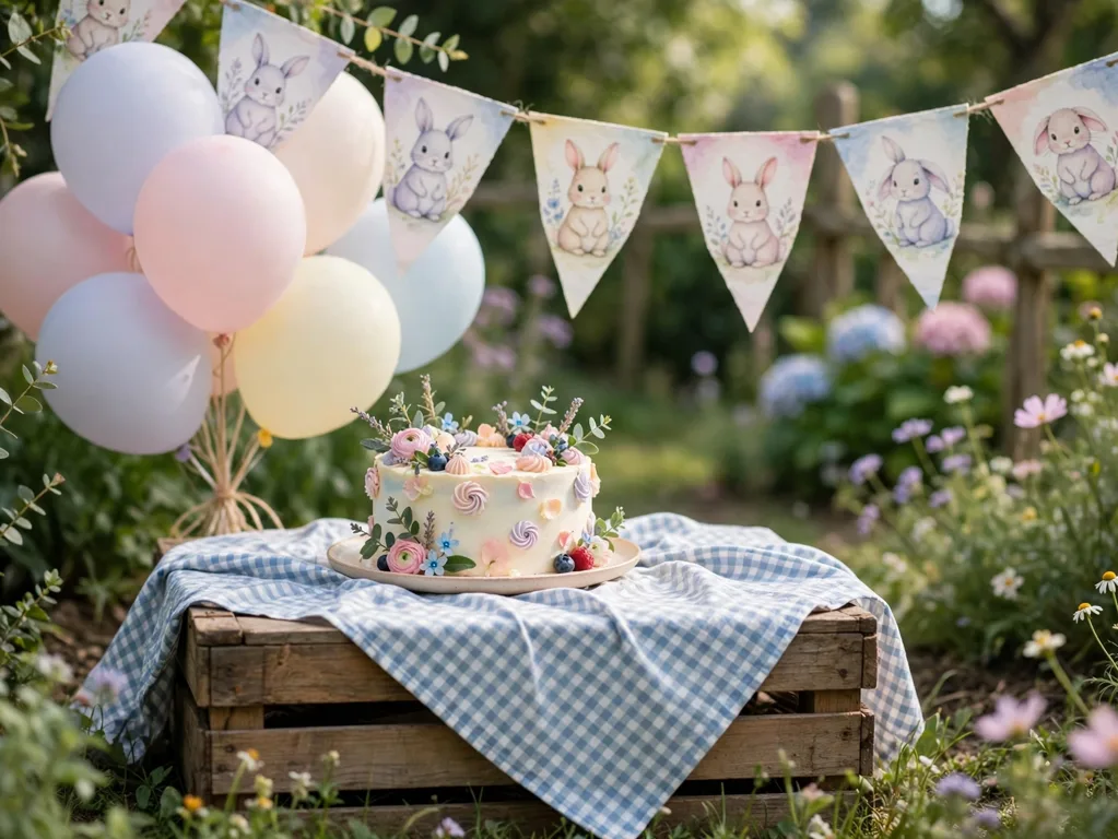 Whimsical first birthday garden setup with bunny bunting