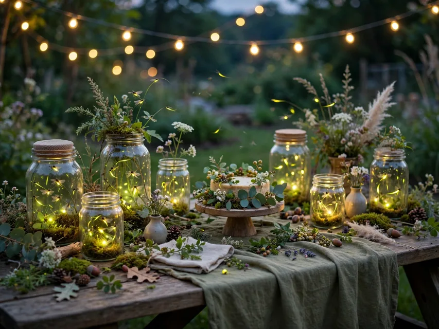 Firefly night first birthday setup with glowing jars