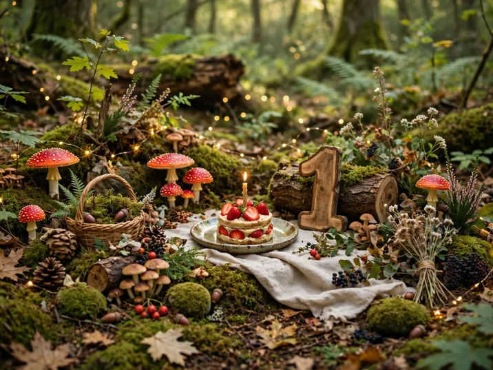 Enchanted forest first birthday setup