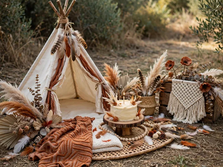 Boho Wild One first birthday setup with teepee