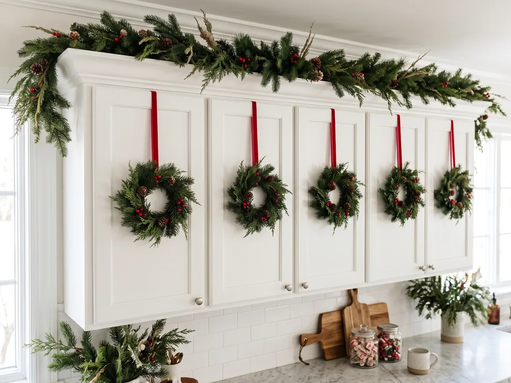 White kitchen cabinets with mini wreaths and garland on top
