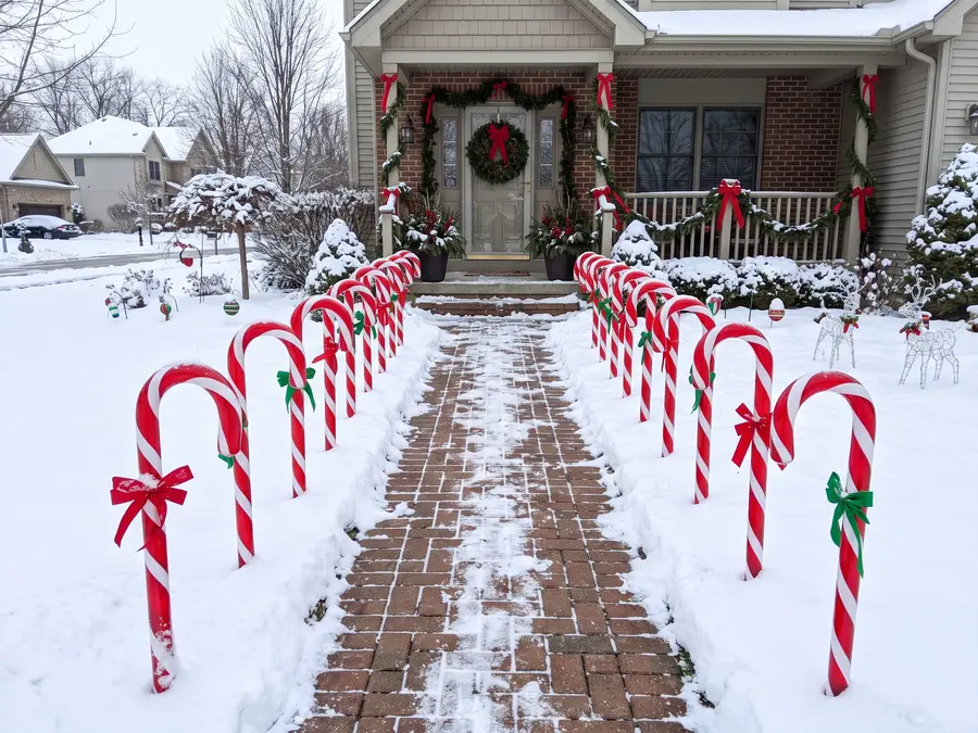 Pool noodle candy canes lining a walkway to a front door