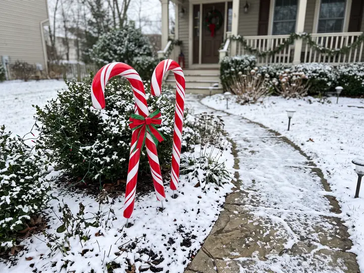Two large pool noodle candy canes beside a garden path