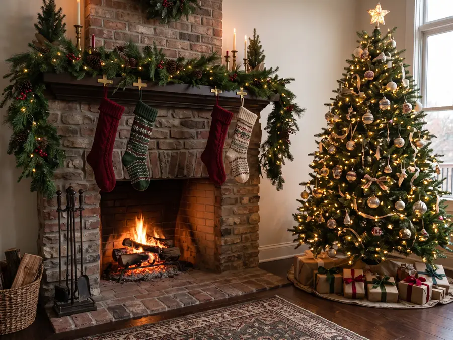 Fireplace with Christmas stockings and a lit tree beside it