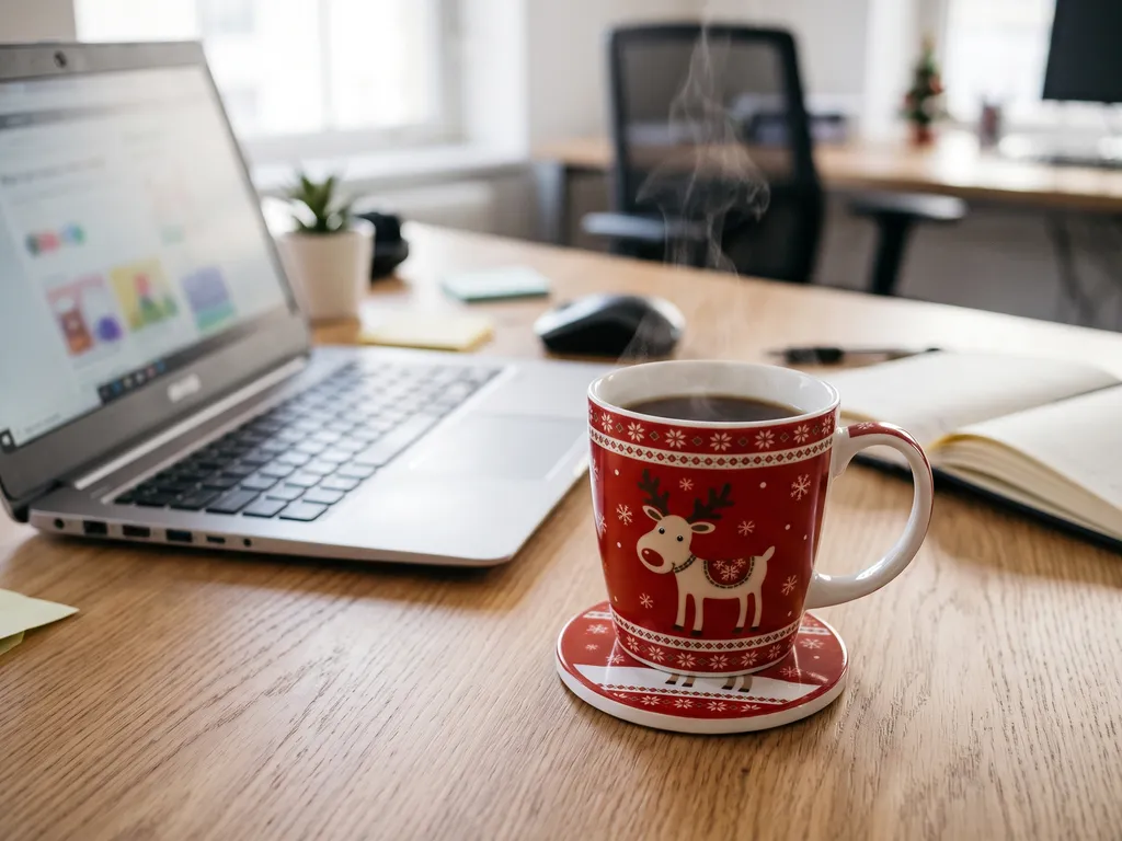 Red Christmas mug with reindeer beside a laptop