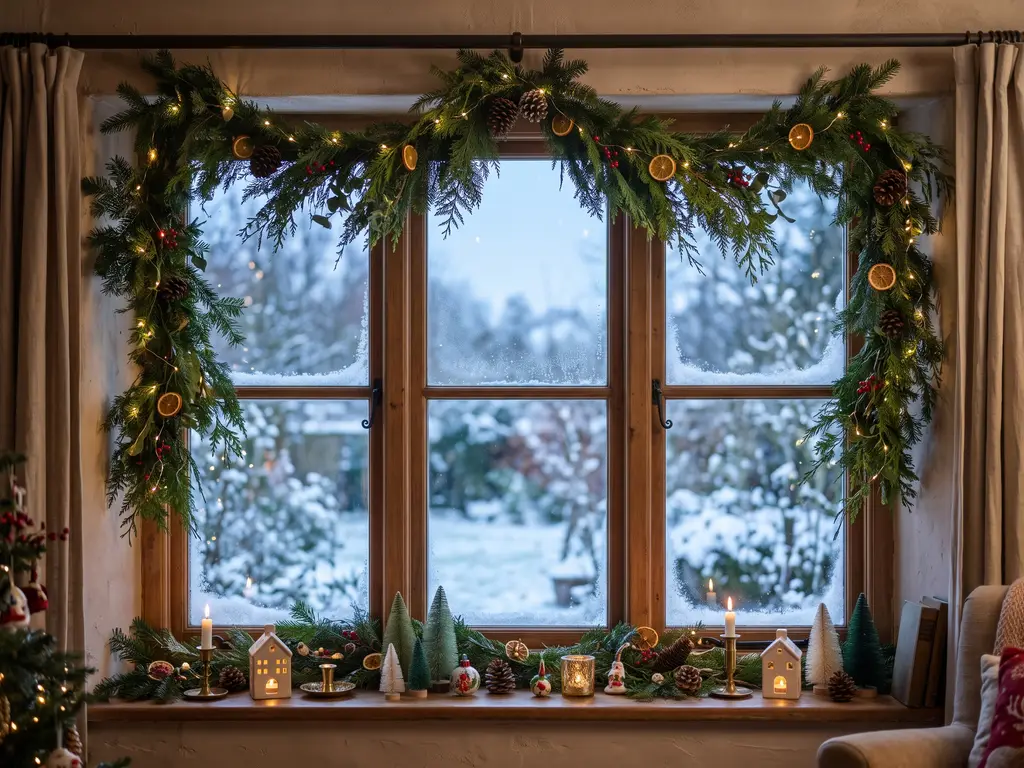 Window with a garland swag, lights and sill decorations