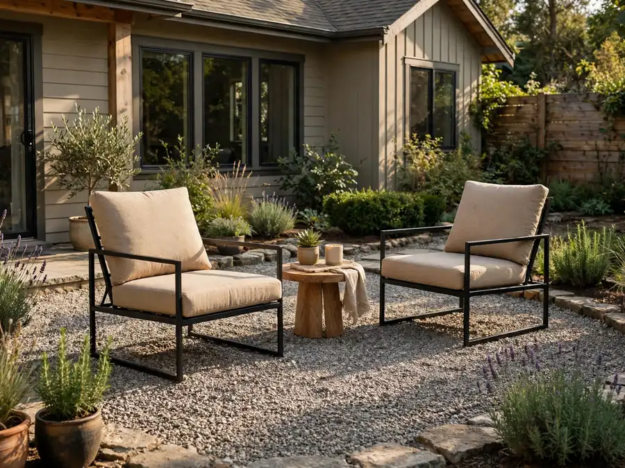 Gravel lounge pad with two chairs and a side table